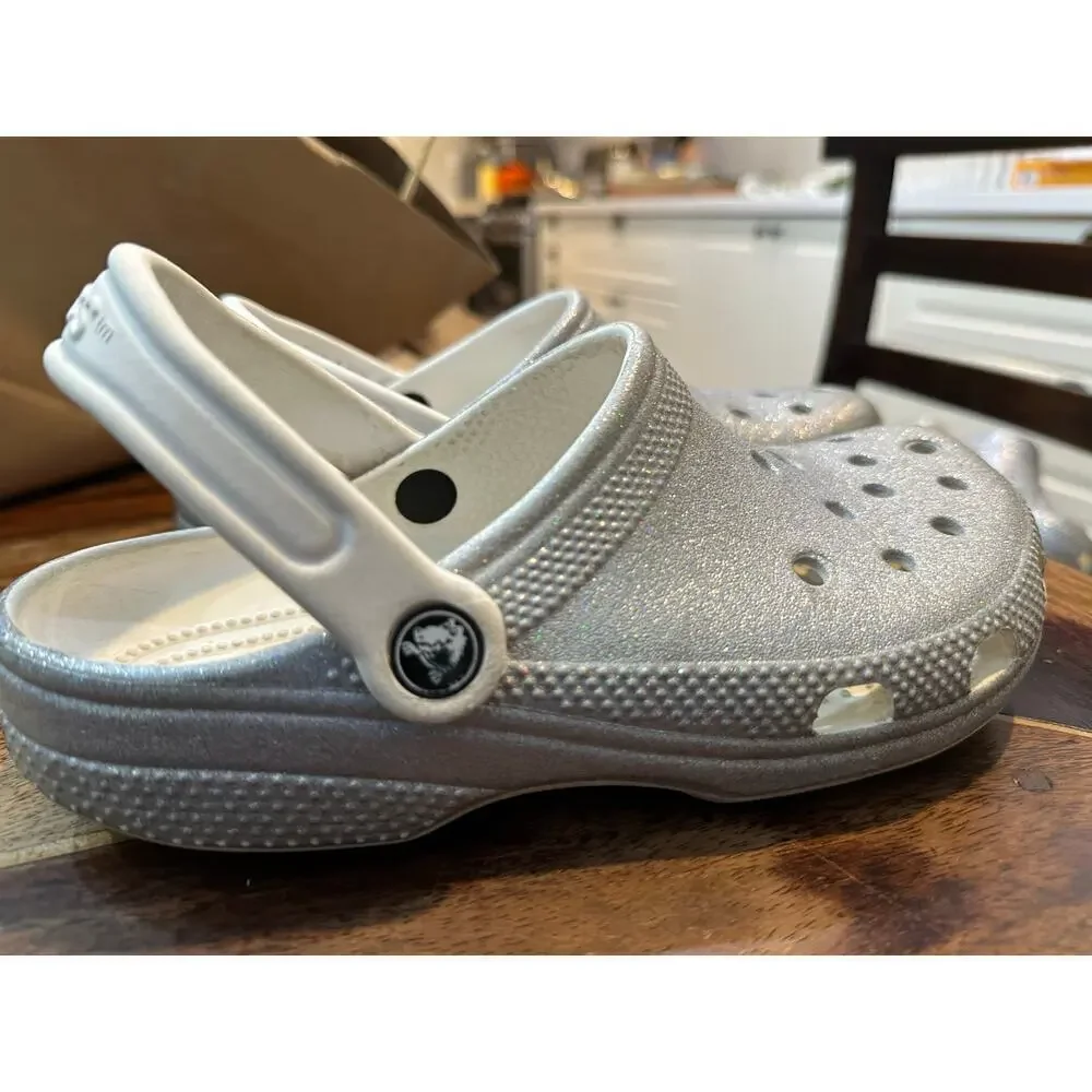 Crocs Unisex Classic Glitter II Metallic Silver Clog Sandal Shoes Size J4